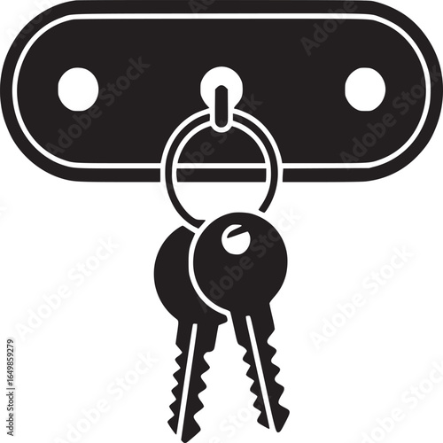Black and white illustration of a key holder with two keys hanging from a metal ring below it