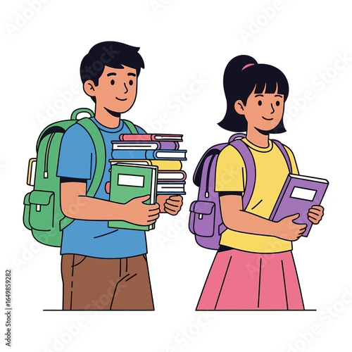 School Day Duo: Two students, a boy and a girl, carrying books and backpacks, begin their educational journey with anticipation.