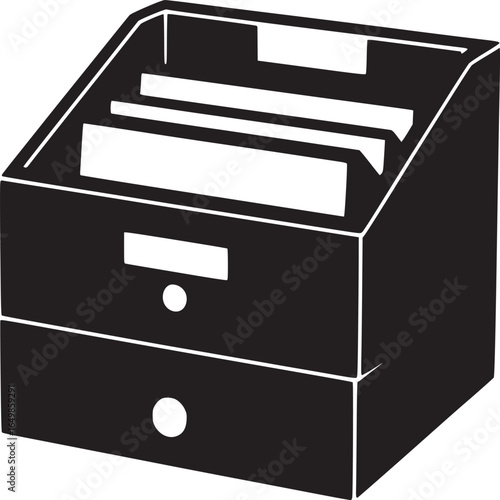 A black and white illustration of a two drawer organizer with paper in the top section of it