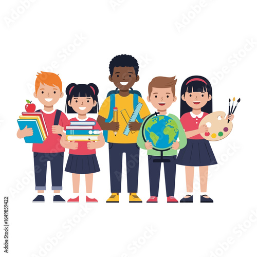 Young Explorers: A diverse group of children, each clutching essential tools of learning, stands united, eager to embark on an educational adventure, symbolizing the boundless curiosity of youth.