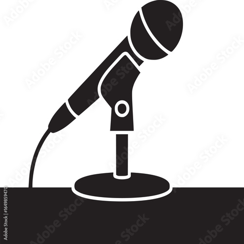 A black and white graphic illustration of a microphone on a stand against a white background