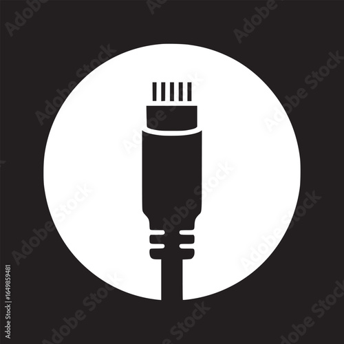 Illustration of a black usb type c connector against a white circle on a black background