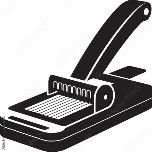 Illustration of a black and white paper shredder machine on a white background in a studio shot