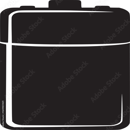 A simple black and white illustration of a battery with a white background and minimalist design style