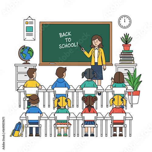Back to School: A welcoming illustration presents a teacher addressing a group of children in a classroom setting, symbolizing the beginning of the school year.