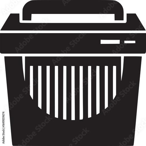 A black and white illustration of a paper shredder with a handle on a white background space