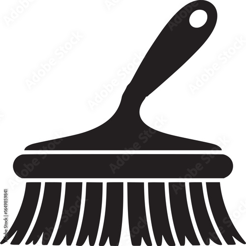 A graphic design of a black paint brush with a white background and a hole in the handle area