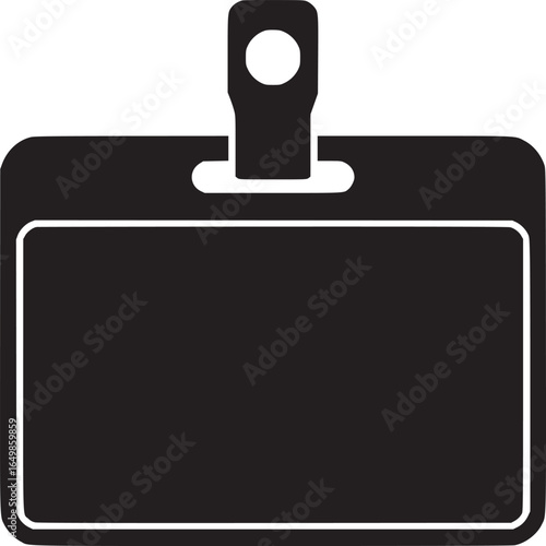 A black and white graphic of a badge holder with a clip on top against a white background plain design