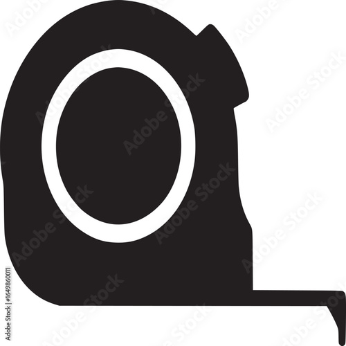 A black and white silhouette of a tape measure tool used for measuring lengths and distances easily