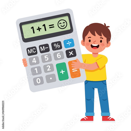 Mathematical Learning: A happy child holds a calculator displaying the simple math equation of 1+1=2, demonstrating early educational concept and symbol for easy learning.