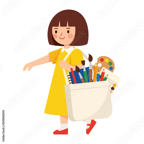 Artistic Journey: A young girl with a bright smile, dressed in a vivid yellow dress, joyfully carries a bag filled with artistic supplies, ready to create. 