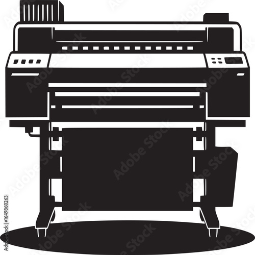 A black and white illustration of a large format printer on a stand with a shadow underneath it