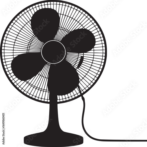 A black and white image of a stand fan with a four bladed propeller and a power cord on a white background