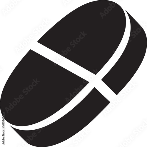 A black and white graphic illustration of a pill with a score line on a white background space