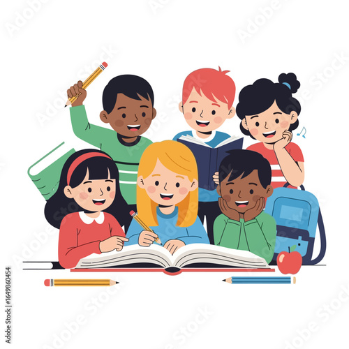 Shared Study Circle: Capturing the vibrant energy of a group of children engrossed in their books, each a portrait of curiosity, learning, and friendship.
