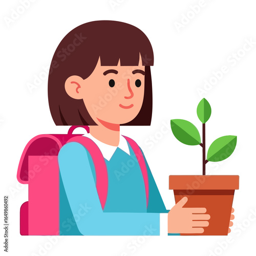 Young Explorer with Green Hope: A youthful person, brimming with optimism, clasps a small potted plant symbolizing growth and future, envisioning a brighter, greener tomorrow.