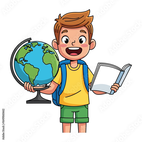 Young Explorer's Journey: A youthful explorer stands ready, clutching a globe in one hand and an open book in the other.