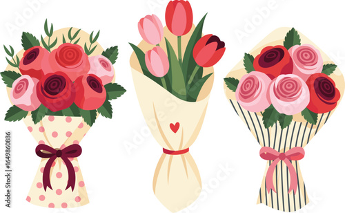 Three beautiful floral bouquets with roses and tulips in romantic colors wrapped in paper and tied with ribbons