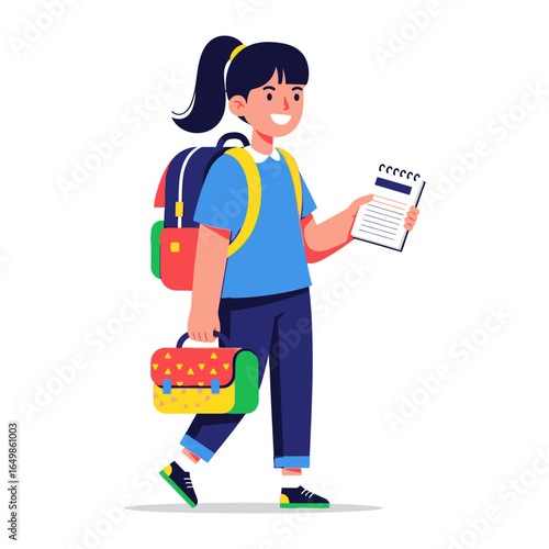 Young student in school: A smiling schoolgirl, clutching a notepad, strides purposefully toward the future, her backpack and satchel brimming with the tools of learning.