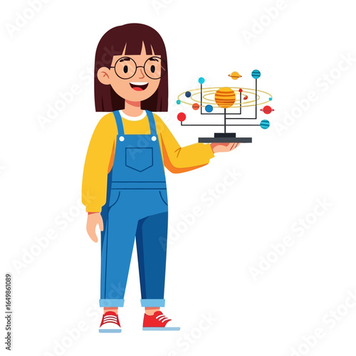 Young Astronomer with a Solar System Model: A young, cheerful individual, sporting spectacles and a radiant smile, delicately presents a detailed model of the solar system.