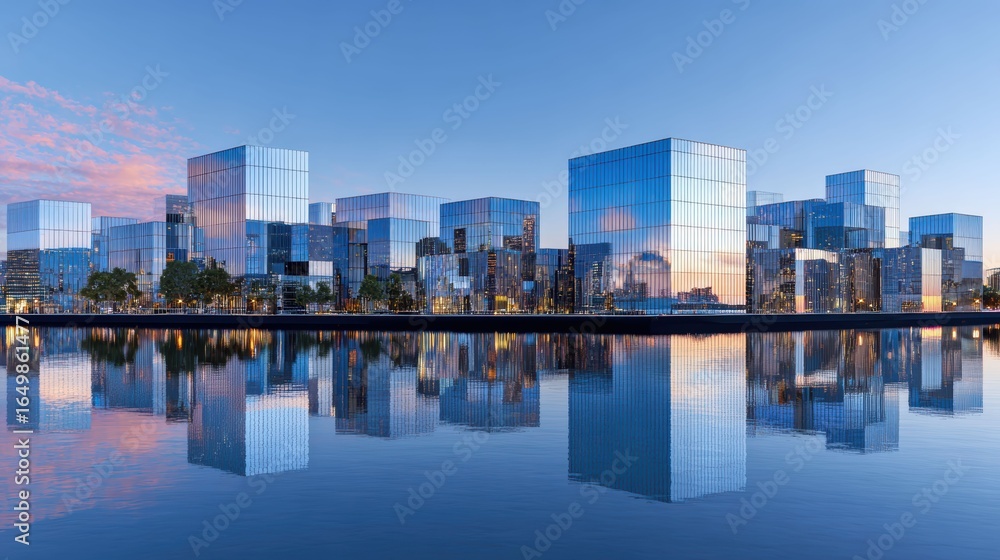 Fototapeta premium A modern cityscape of towering glass buildings glows across tranquil water, creating a vision of advanced technology and sleek urban style.