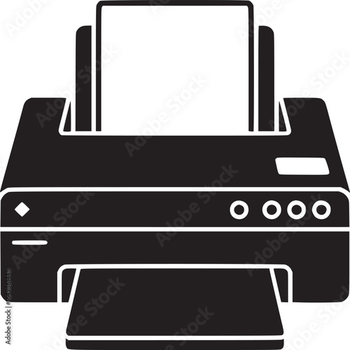 A black and white illustration of a printer with paper ready to print in a minimalist style design