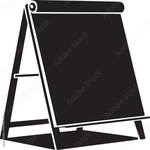 A black and white illustration of a flip chart standing on a white background in a simple style