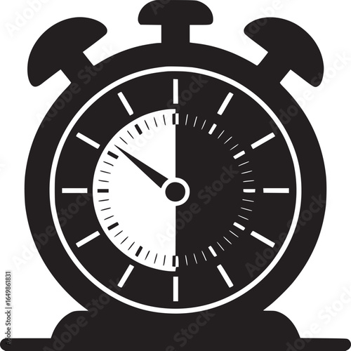 A black and white illustration of an alarm clock with a half and half face design showing the time