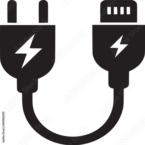 A black and white illustration of a charging cable with a lightning bolt symbol on each end design