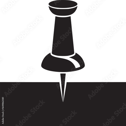 A black and white illustration of a push pin stuck into a black surface with a white background behind it