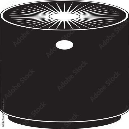 A black and white illustration of a cylindrical object with a circular vent and a small white button
