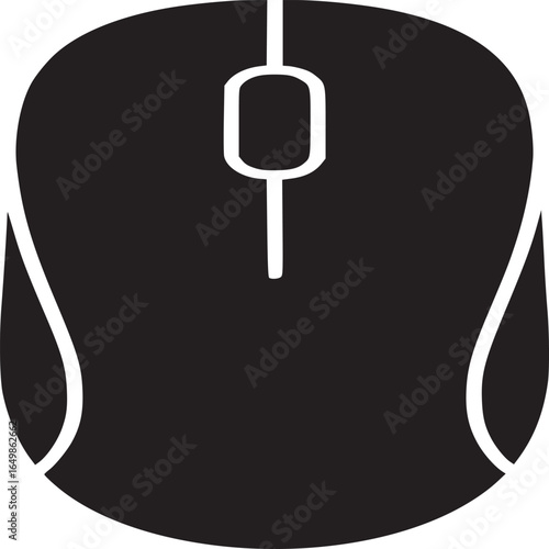 A black and white illustration of a computer mouse with a white background and simple line work design