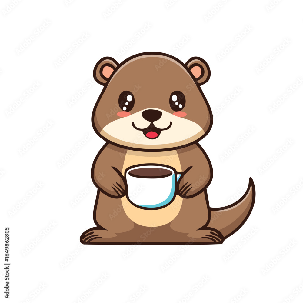 Fototapeta premium A cute otter holding a cup of coffee, enjoying a peaceful moment with its warm beverage. The otter, with its adorable features, radiates a sense of comfort and contentment.