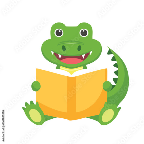 A cheerful alligator absorbed in reading a book. It brings a sense of knowledge and joy to anyone seeing the illustration