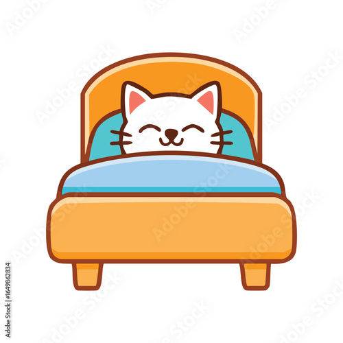 A cute cartoon cat peacefully sleeping in a cozy bed, the cat with closed eyes and happy face. The bedding is adorned with a cozy blanket and pillow