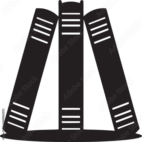 A minimalistic black and white illustration of three books standing upright with visible spine details