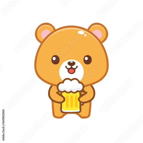 A cute cartoon bear holding a pint of beer, ready to celebrate with joy and happiness
