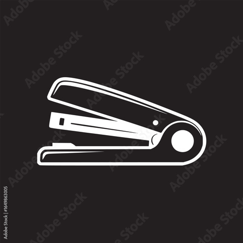 A minimalist white outline of a stapler on a black background in a simple graphic design style