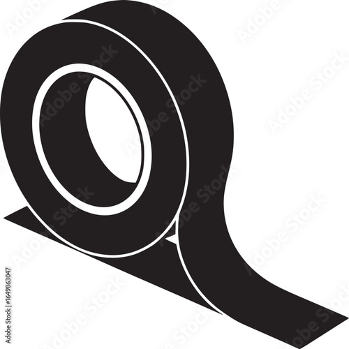 A graphic monochrome illustration of a roll of black tape unrolling on a white background surface