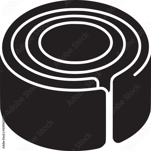 A black and white graphic illustration of a roll of tape with a cylindrical shape and layering effect