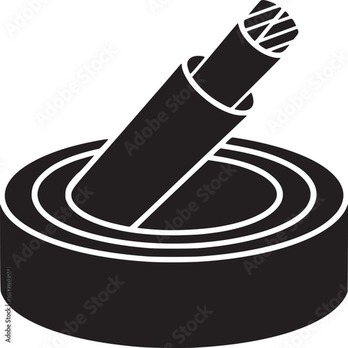 A black and white graphic illustration of a cable emerging from a circular container shape design