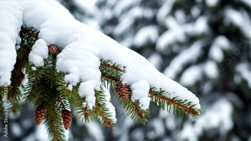 Snow-Covered Pine Branch in Winter Wonderland