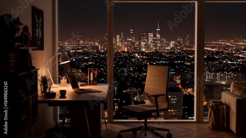 Night Cityscape View from Modern Home Office