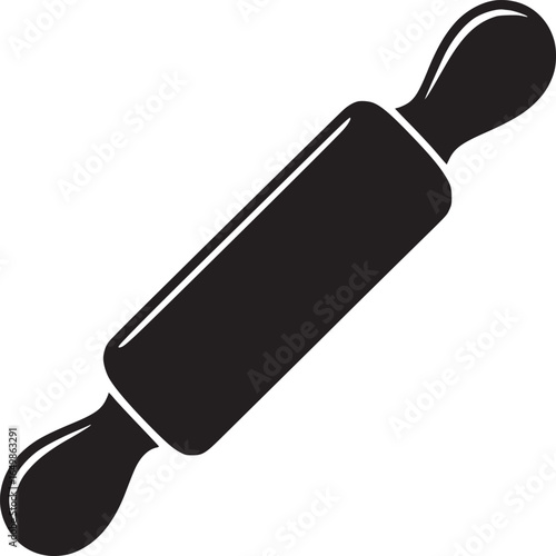 A black and white graphic illustration of a rolling pin on a plain white background in simple style
