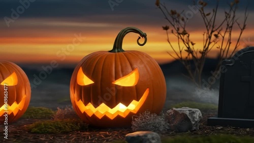 Spooky Halloween Jack-o'-lanterns at Sunset
