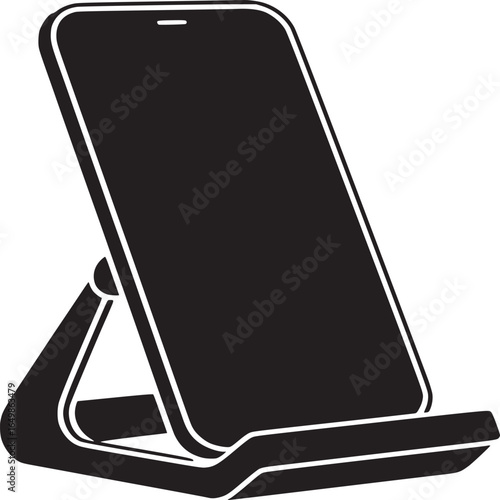 A black and white illustration of a smartphone on a stand against a white background in simple style