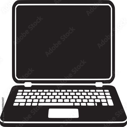 A stylized black and white laptop illustration with a blank screen and a visible keyboard area