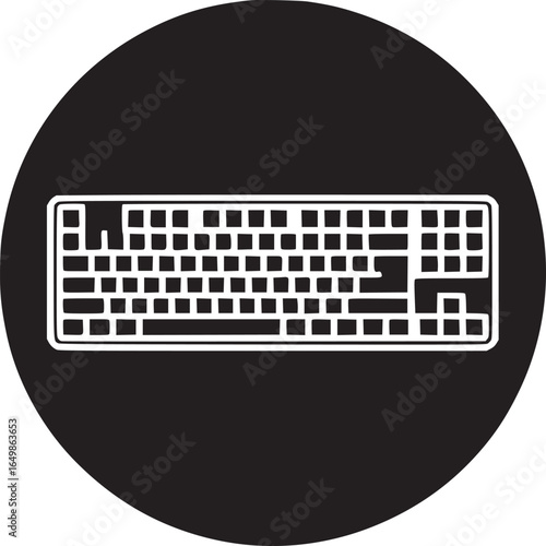 A white outline of a keyboard inside a black circle on a white background in a simple design