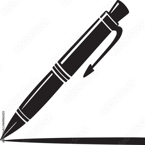 A black and white illustration of a pen drawing a line on a white surface in simple graphic style