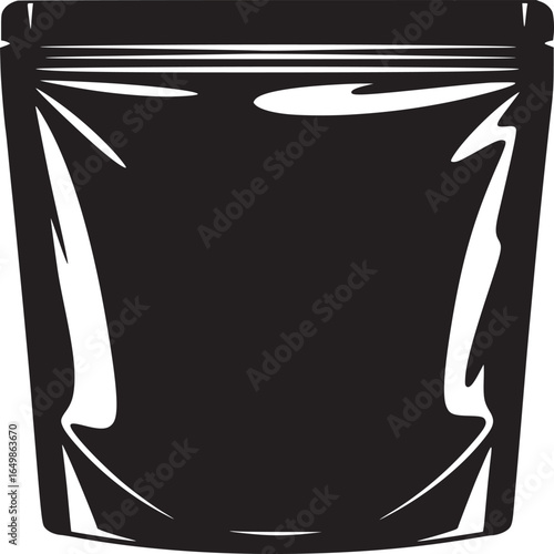A minimalist black and white illustration of a sealed stand up pouch on a white background